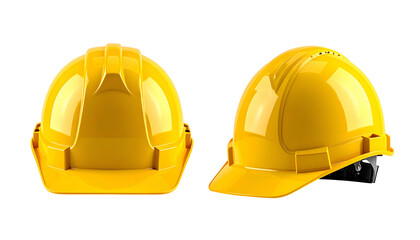 Fototapeta premium Two yellow protective hard hats, one from behind, other angled, against a black background
