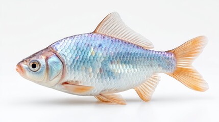 Obraz premium Silvery Blue Ornamental Fish With Orange Fins Detailed Scales Isolated On White Background Studio Shot