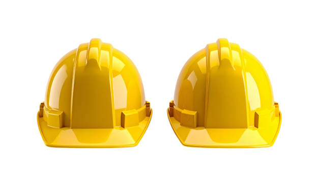 Two bright yellow safety helmets, rendered with highlights, against a black background