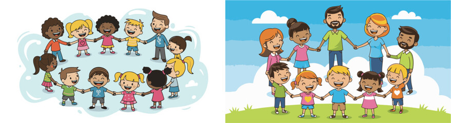 Cheerful Diverse Cartoon Characters Holding Hands Circle Graphic