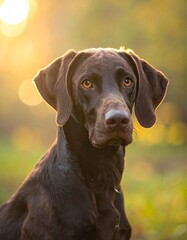 A brown dog gazes intently at the camera, bathed in golden light