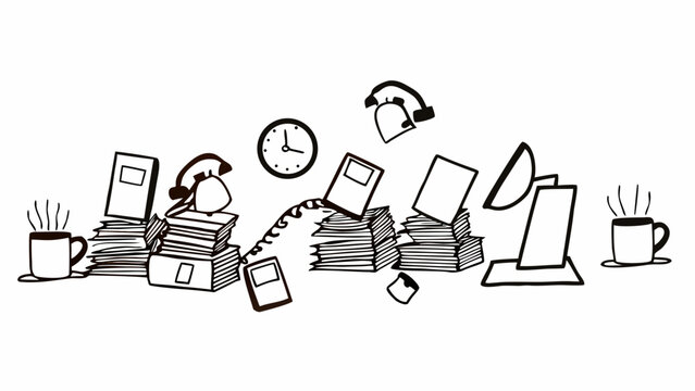 Vector illustration of a busy office scene with ringing phones and cluttered desks