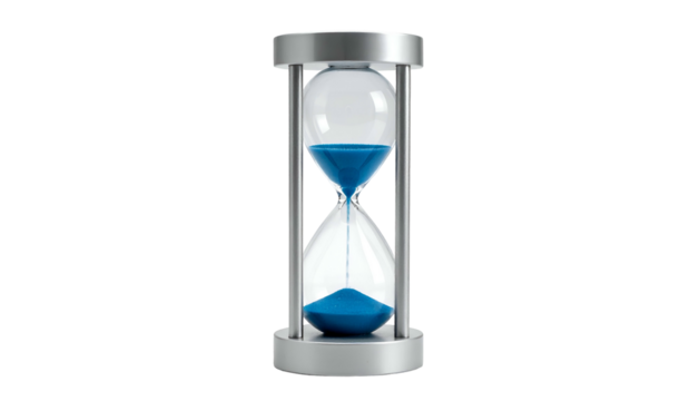A silver hourglass with blue sand flowing against a black background