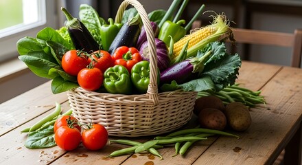 A wicker basket overflowing with a colorful assortment of fresh garden vegetables, including tomatoes, peppers, eggplants, and corn, on a rustic wooden table.