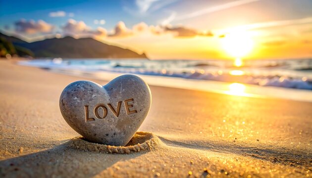 A heart-shaped stone etched with "LOVE" on a sandy beach at sunset