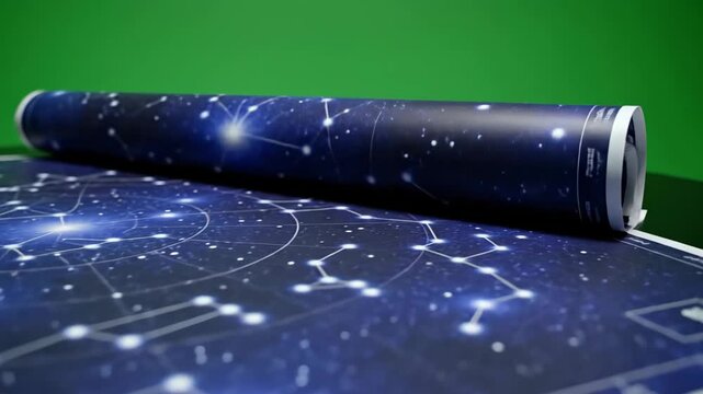 Unrolled starry night sky poster on a green background with constellation map