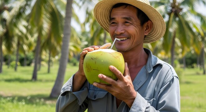 A smiling man in a straw hat drinks fresh coconut water from a green coconut in a tropical plantation.