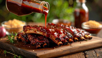 Barbecue ribs with sauce being poured, delicious food ready to eat in a wooden table