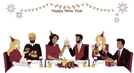 Celebrating the new year with friends and family in festive dinner gathering illustration