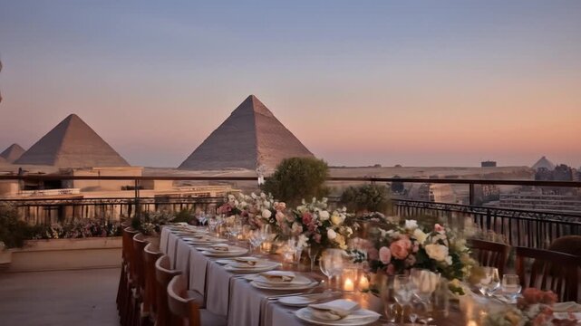 Elegant dining setup with pyramid views in egypt at sunset perfect for luxury travel