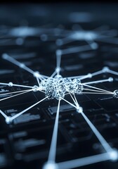 A close-up view of an abstract network of interconnected lines and nodes, suggesting a complex digital structure