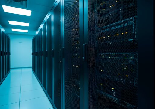 A data center showcasing rows of advanced server racks, embodying the core of modern technology and data processing. The cool lighting reflects the server’s sleek design.