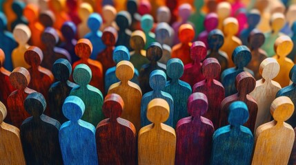 Fototapeta premium Close-up of a diverse crowd of colorful wooden human-shaped figures representing community and togetherness