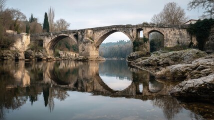 Fototapeta premium Serene View of Ancient Stone Bridge Reflecting in Calm Water