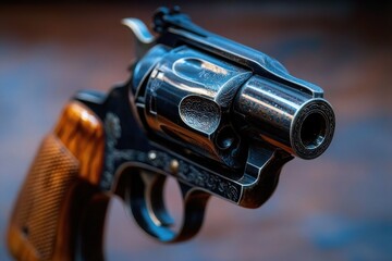 Obraz premium close-up of an engraved black revolver with wooden grip on blurred blue and brown background