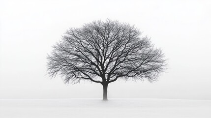 Solitary bare tree with spreading branches standing on a snow-covered field against a white foggy sky, evoking calm and quiet solitude