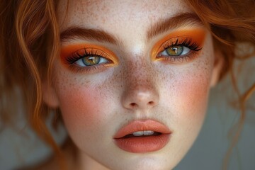 Close-up portrait of a young woman with striking green eyes, vibrant orange eyeshadow, natural freckles, and soft peach lipstick, exuding a calm and captivating expression