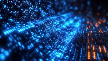 abstract glowing blue and orange digital code flowing in wave-like motion representing data transfer or information stream
