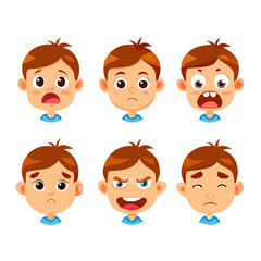 Collection of face expressions cute children cartoon character design. Different emotions girl Vector illustration. Face of smiling, crying, anger, surprise, indifferent isolated on white background.
