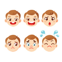 Collection of face expressions cute children cartoon character design. Different emotions girl Vector illustration. Face of smiling, crying, anger, surprise, indifferent isolated on white background.
