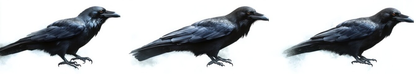 Obraz premium Three black ravens standing side by side with detailed feathers and sharp beaks on a white background