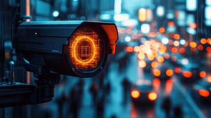 Close-up of a security camera with a glowing digital red zero on its lens overlooking a blurred busy urban street with colorful bokeh lights at night