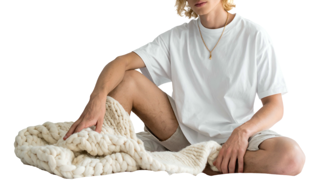 A person with blonde hair, dressed casually, seated and touching a thick, cream-colored knit