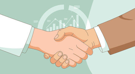 Two business people shaking hands over a chart representing growth and success