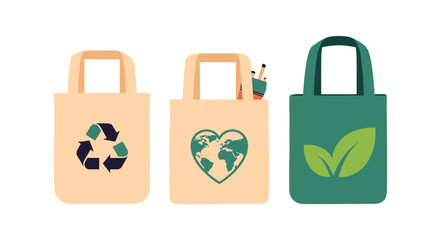 Illustration of eco-friendly reusable tote bags featuring recycling, a heart-shaped earth, and green leaves, representing sustainable living.