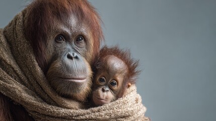 Fototapeta premium Mother and Baby Orangutan in Warm Cloth Embrace, Gentle Expression