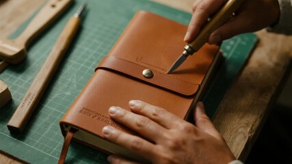 Craftsman engraving a leather-bound notebook with a precision knife on a cutting mat