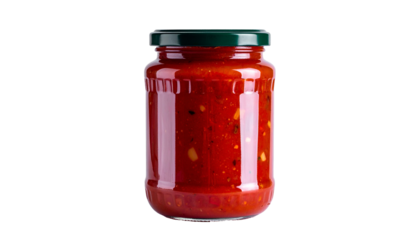Jar of vibrant red sauce, sealed with a green lid, against a black background