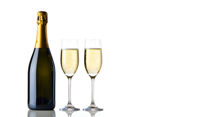 Elegant Champagne Bottle and Two Full Flutes with Sparkling Wine and Bubbles, Isolated on White Background for Celebrations