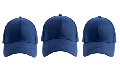 Three blue baseball caps on a black background, each viewed from the front