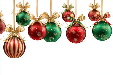 Classic red and green baubles with gold ribbon details, transparent background perfect for cozy holiday themes, festive greeting banners, and merry celebration illustrations clearly