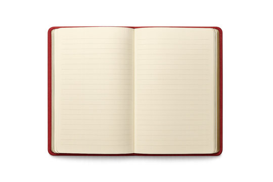 Open red notebook with blank lined pages