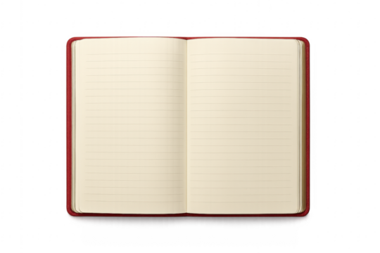 Open red notebook with blank lined pages