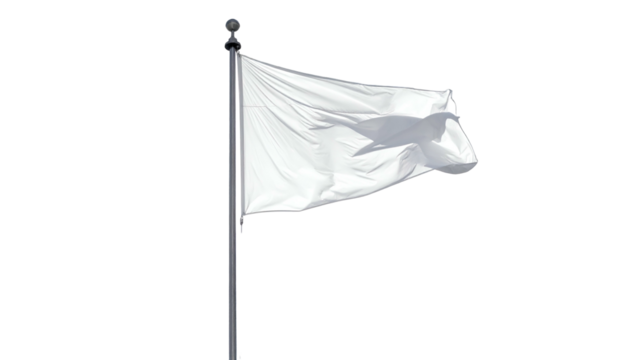 Isolated white flag on pole, blowing gently in the wind against a stark black background