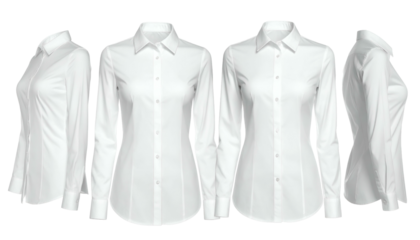 Four views of a white, button-down, long-sleeved women's shirt, showing front and side
