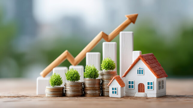 Miniature houses on stacked coins with trees and rising bar graph in background, symbolizing growth in real estate investment.