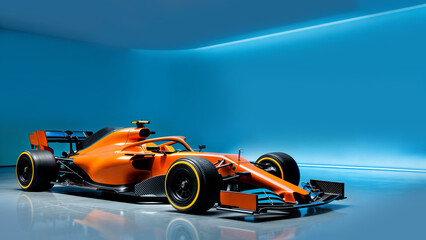Studio Shot of Orange Formula 1 Car with Blue Background and Copy Space
