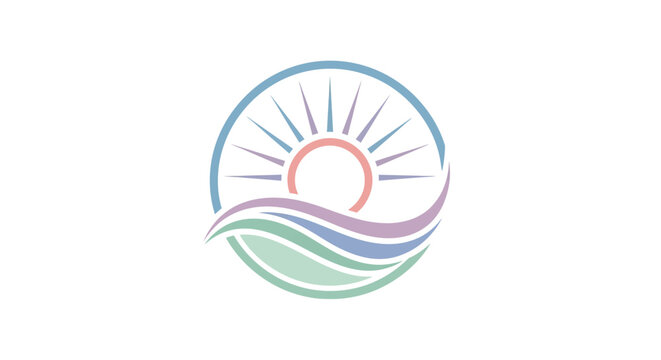 Pastel circular emblem presenting sun and waves illustrating calm ocean life harmony