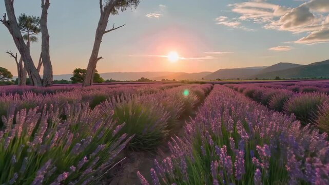 a view of a field of lavender with the sun setting in the background