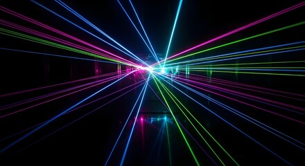 Abstract colorful laser beams shooting from a central point in the darkness