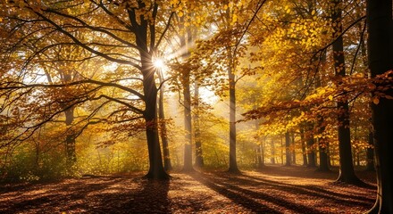 Sunlight shining through trees in a forest during the autumn season