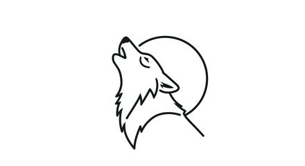 Simple monochrome line art drawing showcases wolf howling against a serene moon backdrop