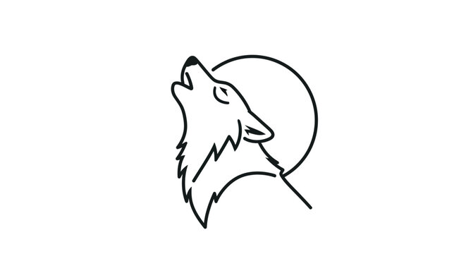 Simple monochrome line art drawing showcases wolf howling against a serene moon backdrop