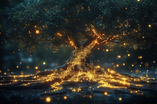 Majestic large tree with glowing golden circuit patterns integrated into its trunk and roots under a dark sky, emitting a futuristic and magical ambiance