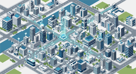 Isometric depiction of a modern smart city with advanced technology and connectivity architecture