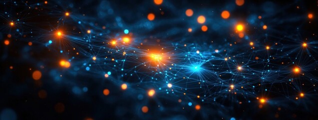 Abstract digital network with interconnected glowing nodes and lines in blue and orange hues creating a dynamic and energetic futuristic pattern